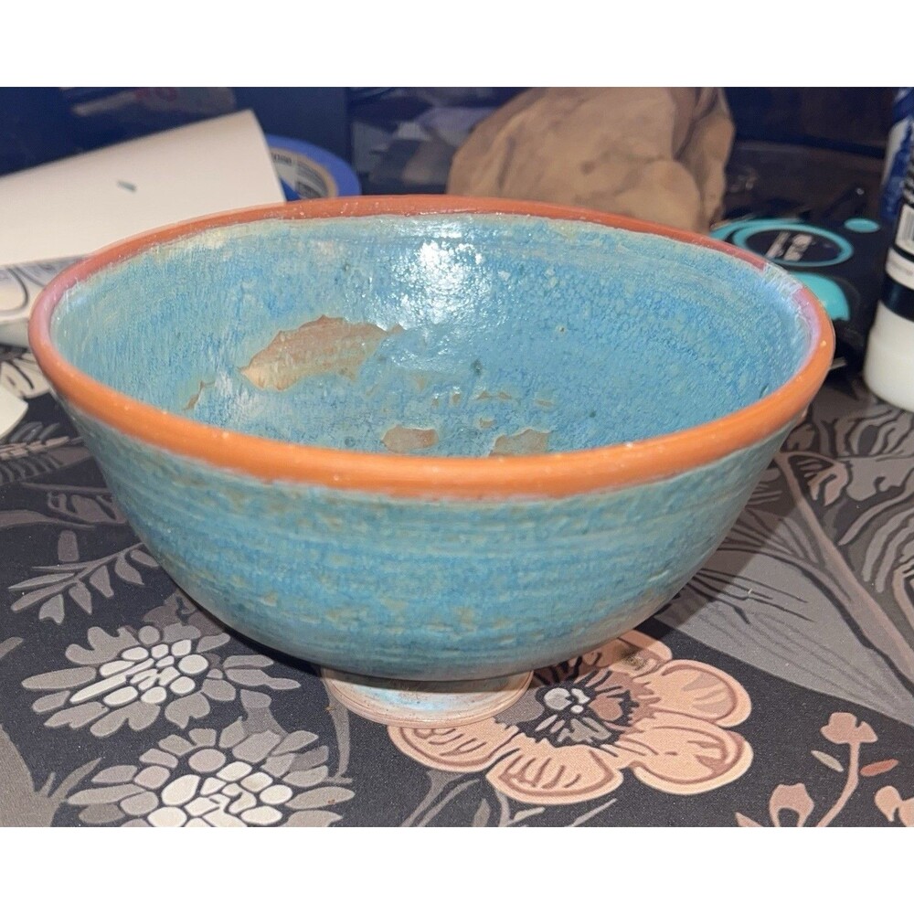 Handmade Turquoise Blue Green Pottery Small Bowls 6.25 In D 4 in L Round Footed